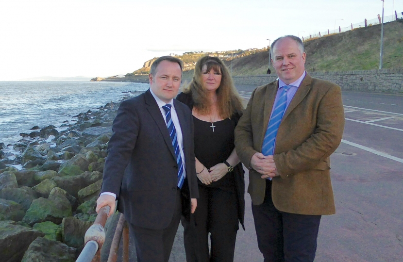 Clwyd West AM Darren Millar with Leader of the Welsh Conservatives  Andrew RT Davies  and Cllr Cheryl Carlisle on the Old Colwyn promenade.